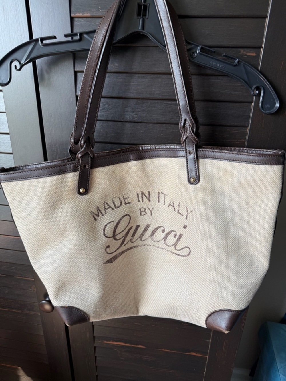 Gucci Beige Canvas Tote with Dark Brown Leather Corner